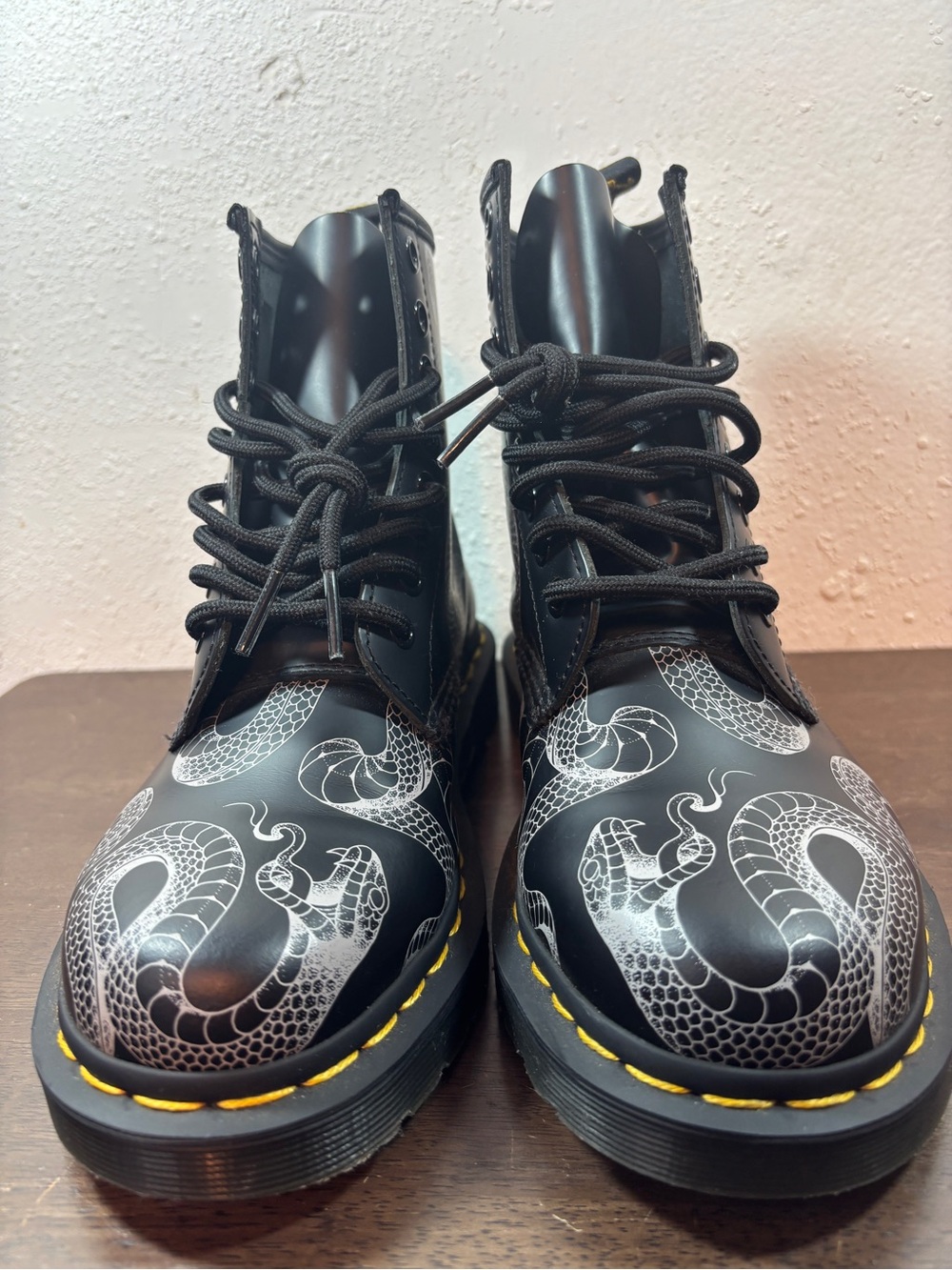 Dr. Martens Black Lace-Up Boots with White Snake Print and Yellow Stitching - Picture 7 of 8